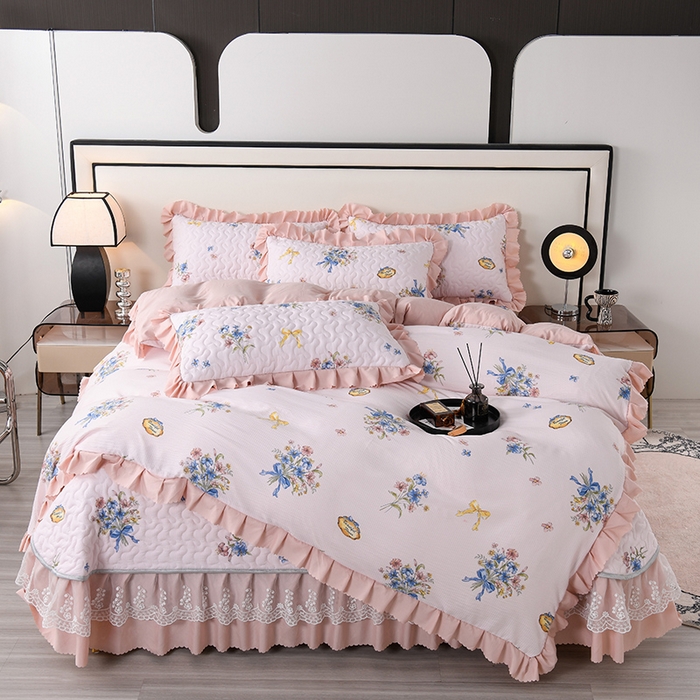 91家纺网 家纺一手货源 找家纺 艾裙海 2025新款云感双层纱床盖四件套 花团锦簇-玉