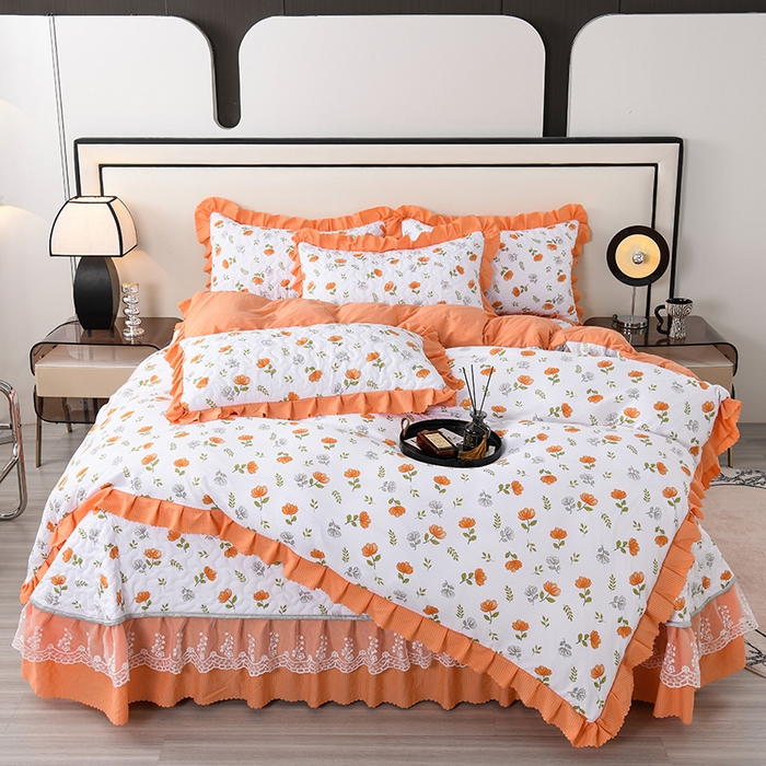 91家纺网 家纺一手货源 找家纺 艾裙海 2025新款云感双层纱床盖四件套 暖心花园