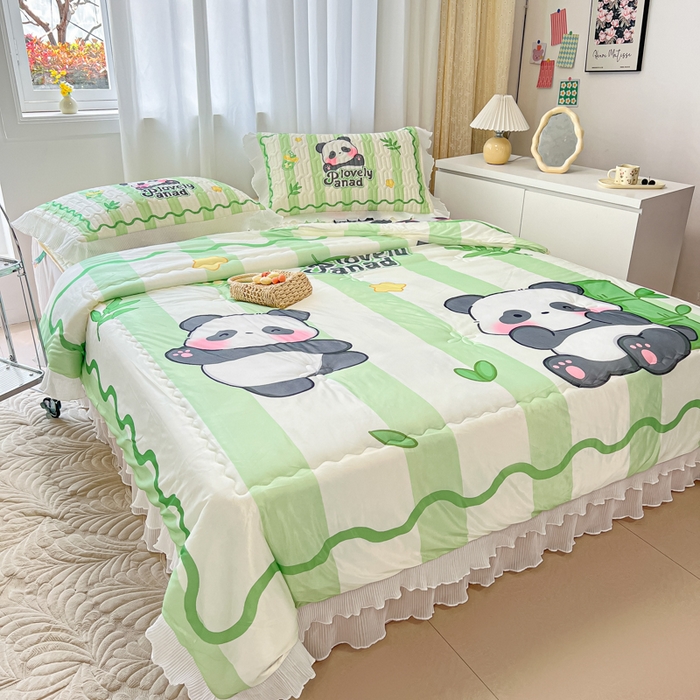 91家纺网 家纺一手货源 找家纺 慕澄家纺 2024新款大版印花乳胶凉席套件-夏被凉席四件套 可爱熊猫