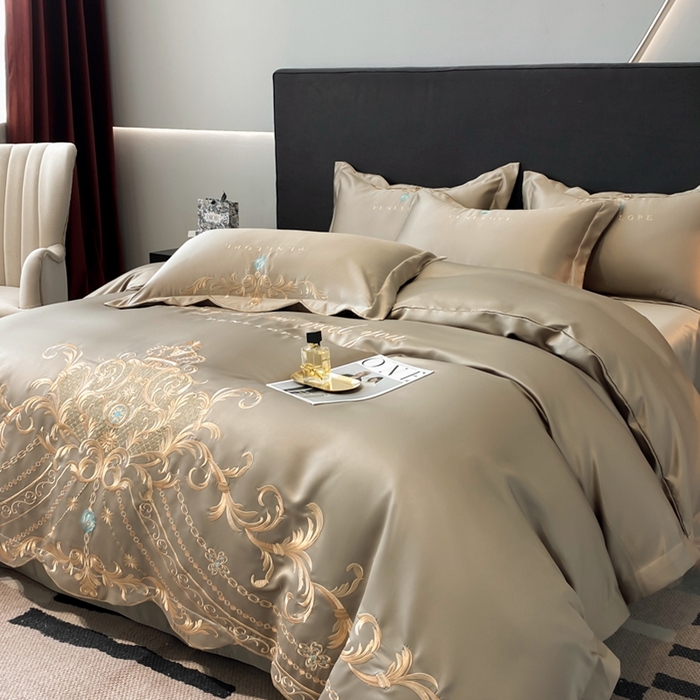 91家纺网 家纺一手货源 找家纺 欧乐蒂 2025新款欧式水洗贡缎全棉刺绣四件套-欧雅终版 高级灰