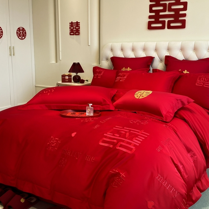 91家纺网 家纺一手货源 找家纺 欧乐蒂 2025新款亲肤棉婚庆刺绣四件套-终版 家有喜事-红