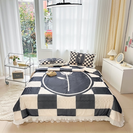 慕澄家纺 2024新款大版印花乳胶凉席套件-夏被凉席四件套 棋盘玫瑰