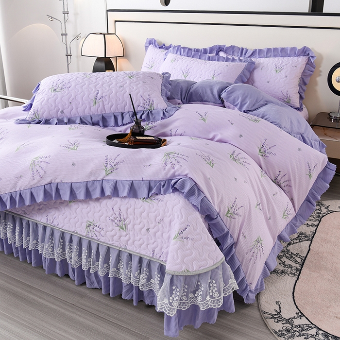 91家纺网 家纺一手货源 找家纺 艾裙海 2025新款云感双层纱床盖四件套 紫色薰衣草