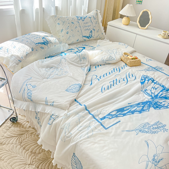 91家纺网 家纺一手货源 找家纺 慕澄家纺 2024新款大版印花乳胶凉席套件-夏被凉席四件套 蝴蝶飞飞