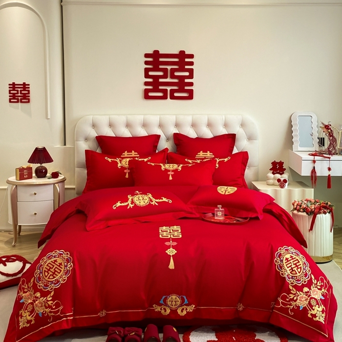 91家纺网 家纺一手货源 找家纺 欧乐蒂 2025新款亲肤棉婚庆刺绣四件套-终版 喜事连连