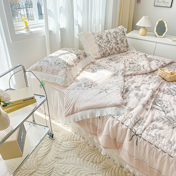 91家纺网 家纺一手货源 找家纺 慕澄家纺 2024新款大版印花乳胶凉席套件-夏被凉席四件套 格蕾丝