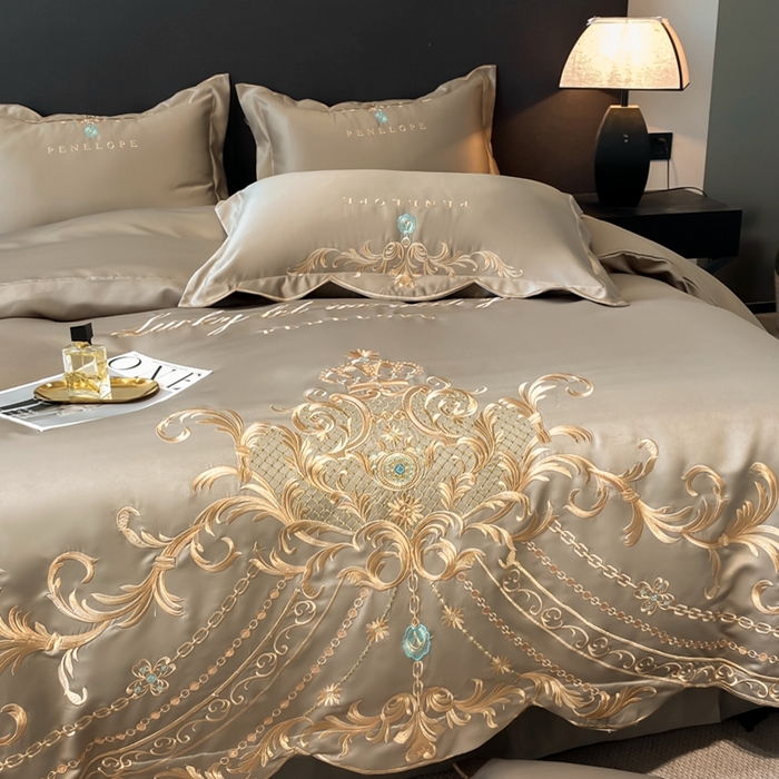 91家纺网 家纺一手货源 找家纺 欧乐蒂 2025新款欧式水洗贡缎全棉刺绣四件套-欧雅终版 高级灰