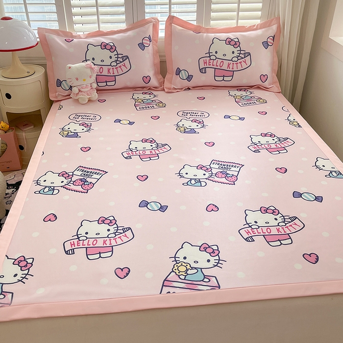 91家纺网 家纺一手货源 找家纺 金爱家 2024新款A类三丽鸥授权数码印花中分子1200D凉感冰丝宽边凉感软席 冰丝席-糖果爱心kitty