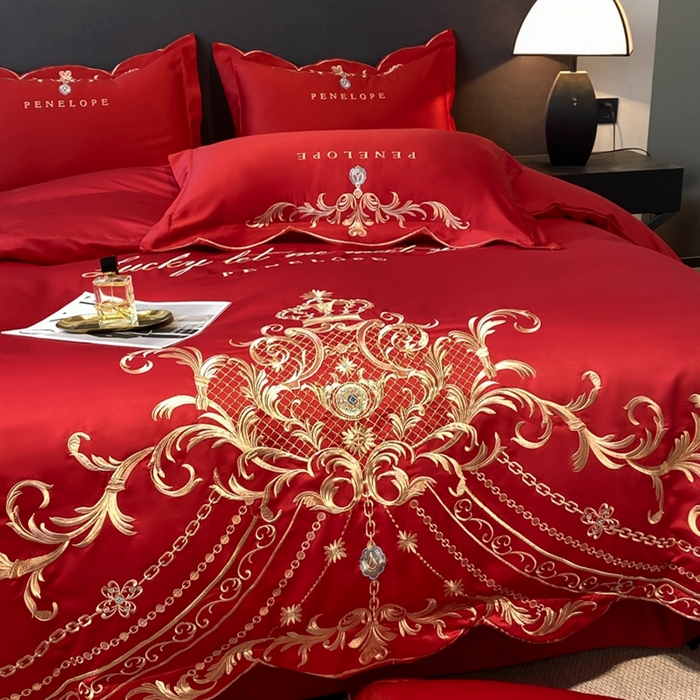 91家纺网 家纺一手货源 找家纺 欧乐蒂 2025新款欧式水洗贡缎全棉刺绣四件套-欧雅终版 酒红