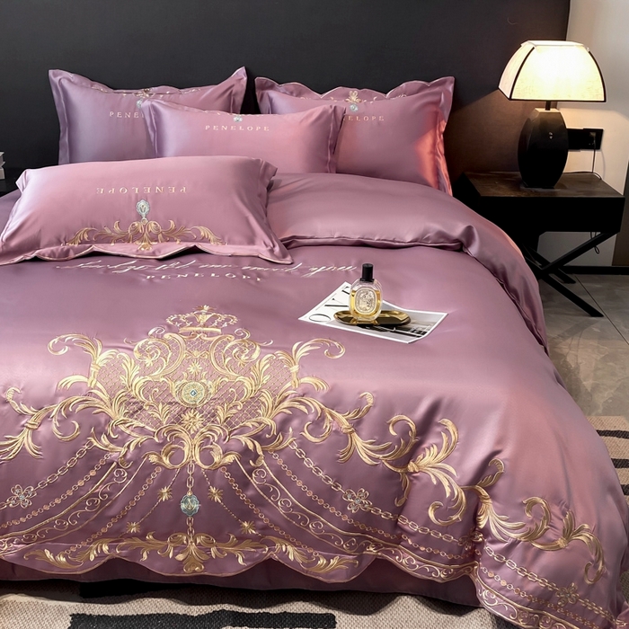 91家纺网 家纺一手货源 找家纺 欧乐蒂 2025新款欧式水洗贡缎全棉刺绣四件套-欧雅终版 豆沙