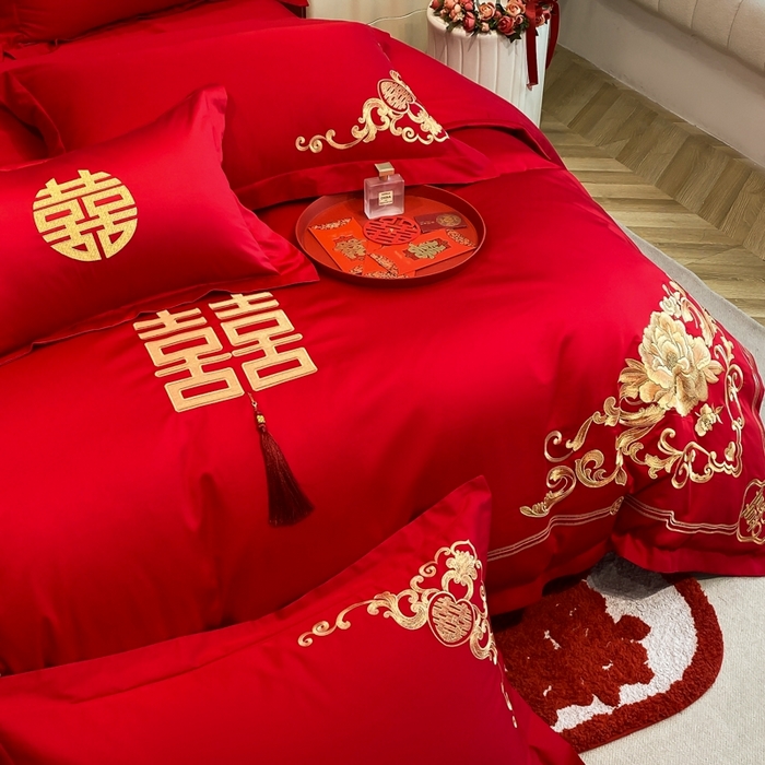 91家纺网 家纺一手货源 找家纺 欧乐蒂 2025新款亲肤棉婚庆刺绣四件套-终版 花开浪漫