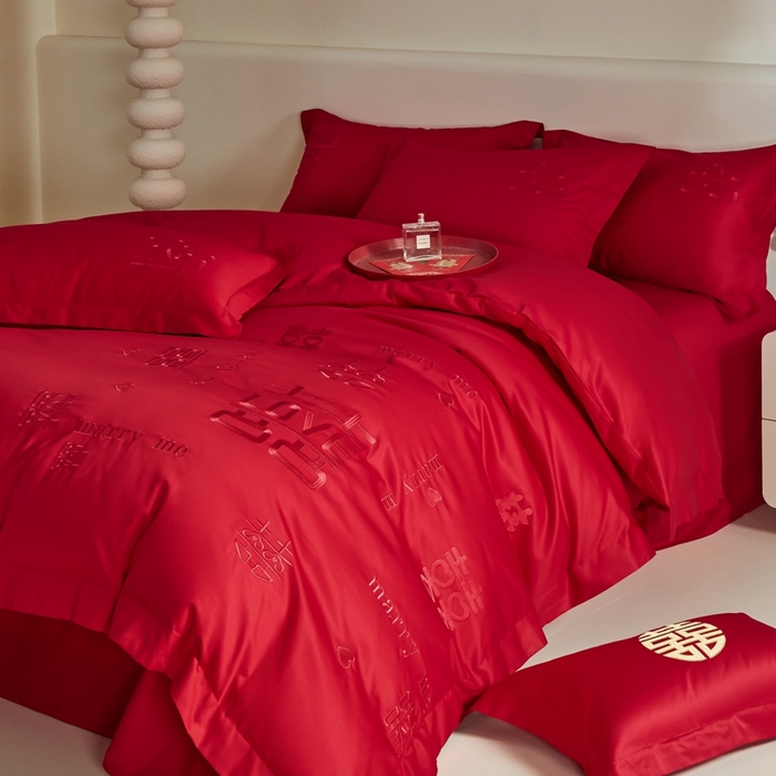 91家纺网 家纺一手货源 找家纺 欧乐蒂 2025新款亲肤棉婚庆刺绣四件套-家有喜事 家有喜事-红