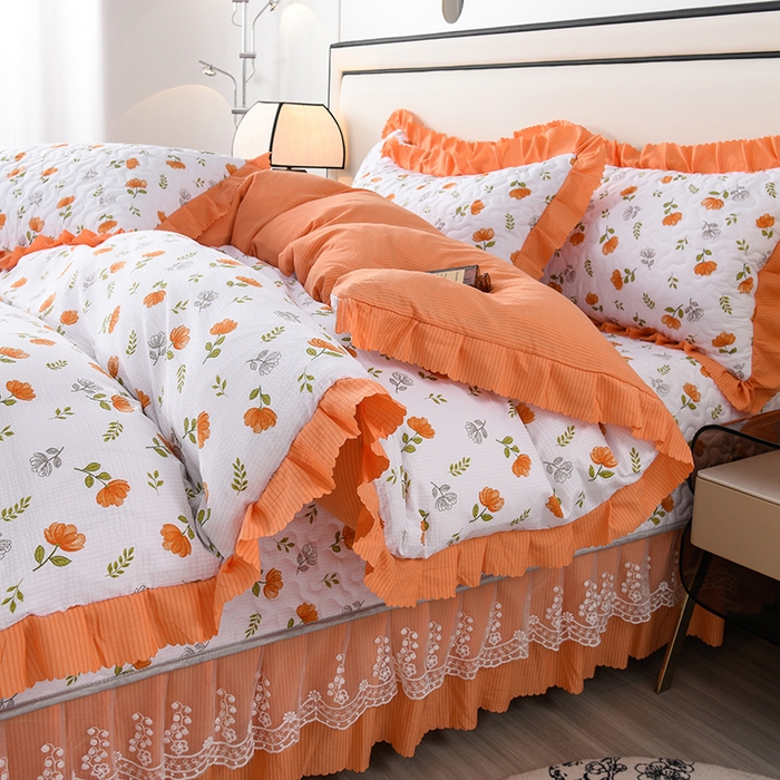 91家纺网 家纺一手货源 找家纺 艾裙海 2025新款云感双层纱床盖四件套 暖心花园