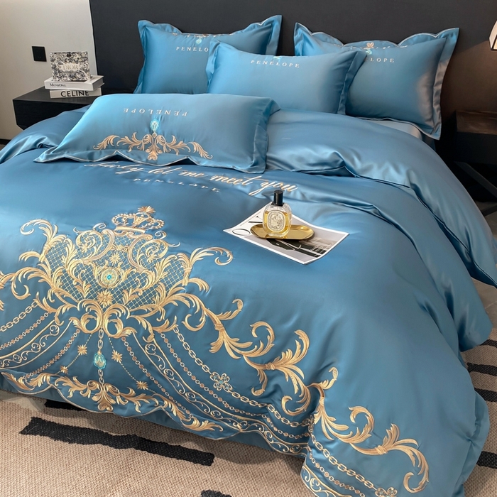 91家纺网 家纺一手货源 找家纺 欧乐蒂 2025新款欧式水洗贡缎全棉刺绣四件套-欧雅终版 宾利蓝