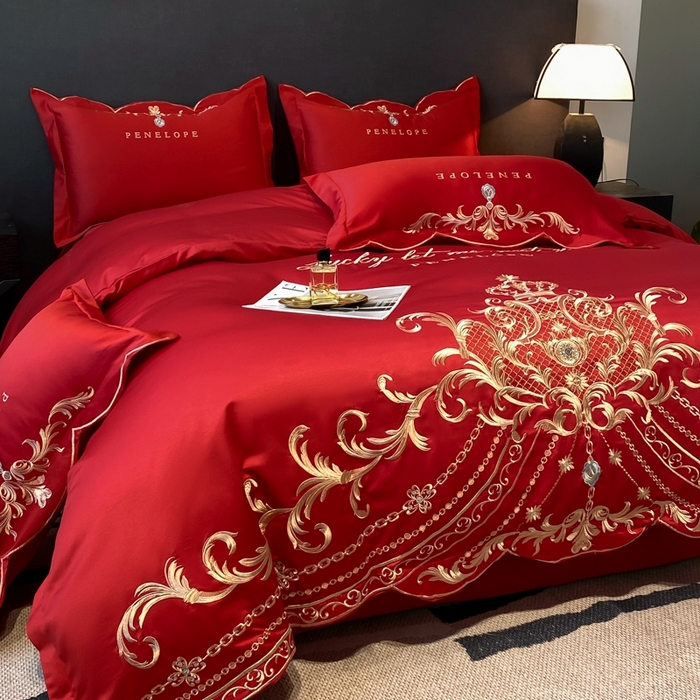 91家纺网 家纺一手货源 找家纺 欧乐蒂 2025新款欧式水洗贡缎全棉刺绣四件套-欧雅终版 酒红