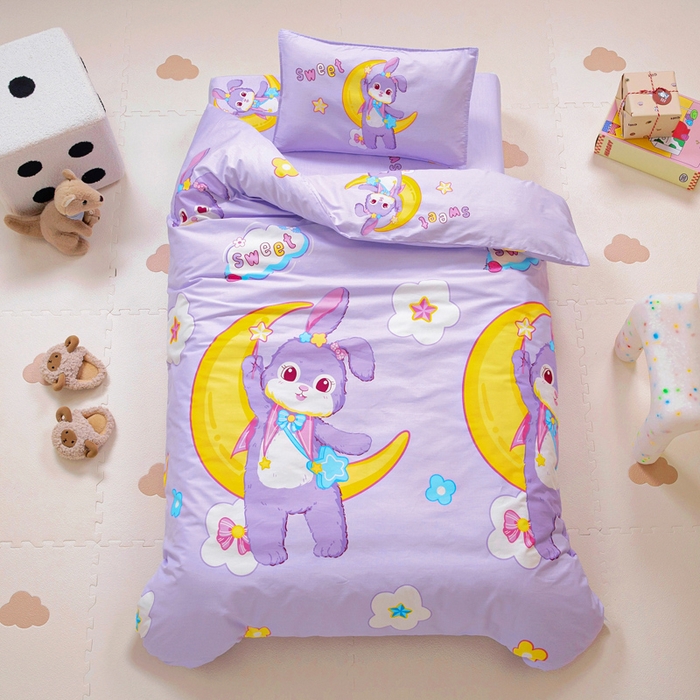 91家纺网 家纺一手货源 找家纺 吉咪兔 2024新款幼儿园全棉被子三件套宝宝入园纯棉六件套夹棉被褥午睡被套 星月小兔