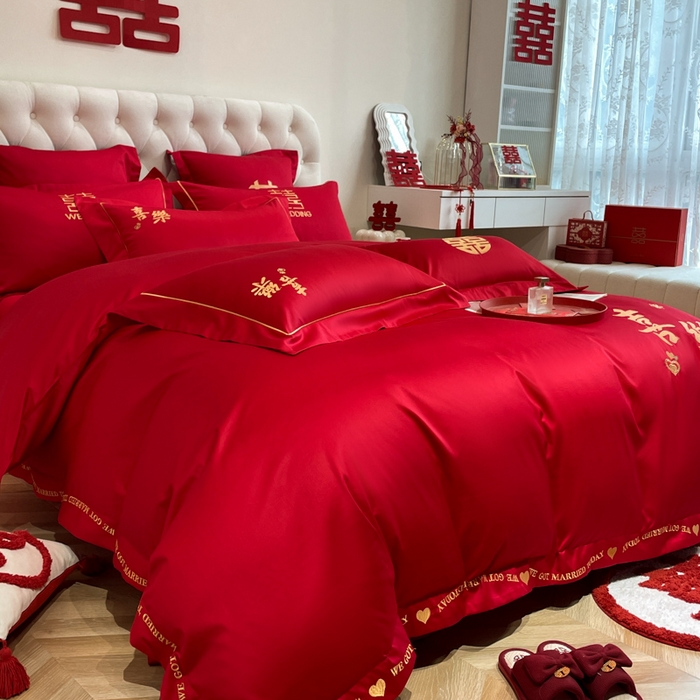 91家纺网 家纺一手货源 找家纺 欧乐蒂 2025新款设计师原创亲肤棉婚庆四件套 喜乐