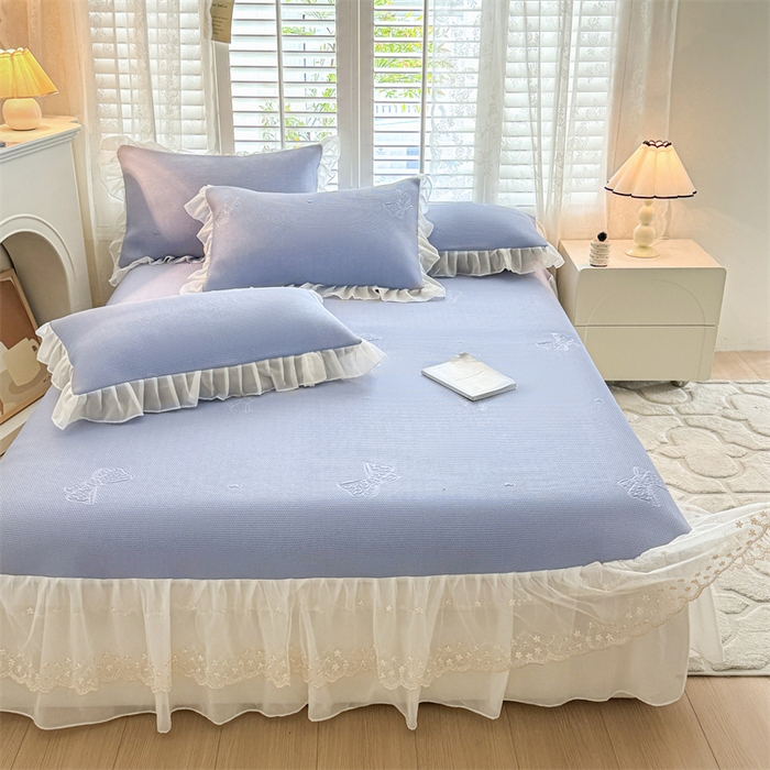 91家纺网 家纺一手货源 找家纺 启程家纺 2024新款A类凉豆豆床裙款凉席三件套 蝴蝶结-紫