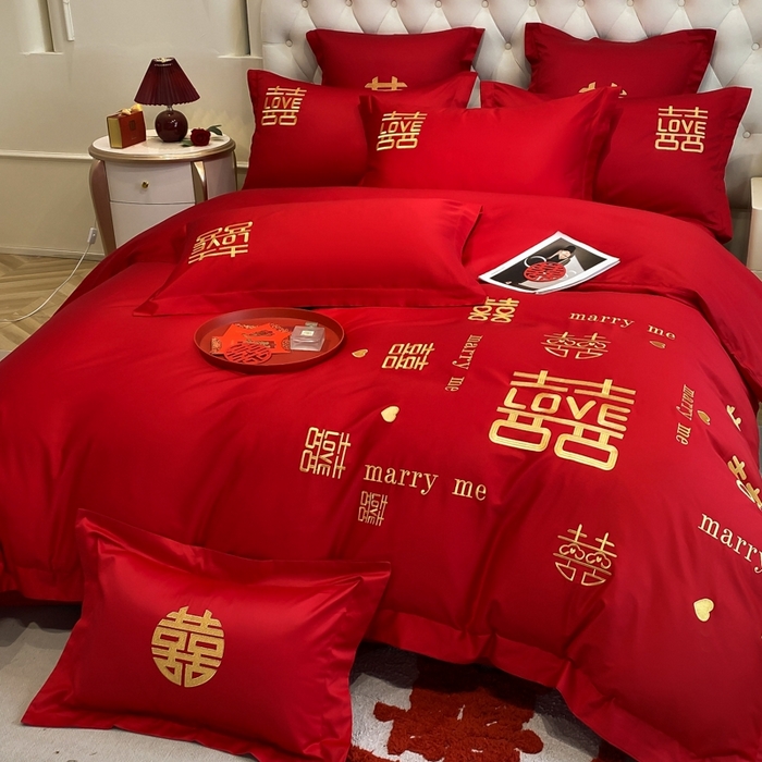 91家纺网 家纺一手货源 找家纺 欧乐蒂 2025新款亲肤棉婚庆刺绣四件套-终版 家有喜事-金