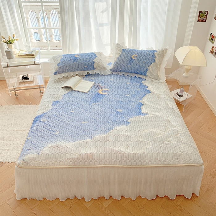 91家纺网 家纺一手货源 找家纺 慕澄家纺 2024新款大版印花床裙款乳胶凉席-凉席三件套 星辰