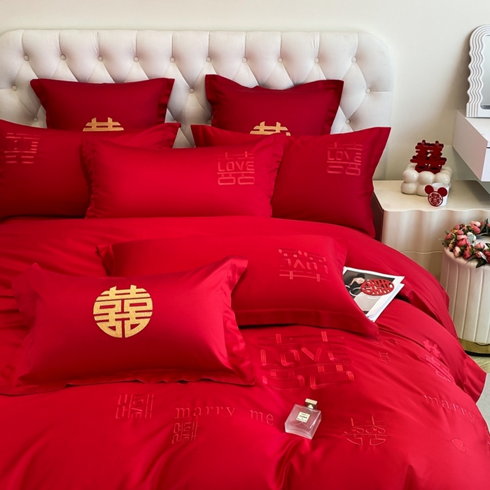 91家纺网 家纺一手货源 找家纺 欧乐蒂 2025新款亲肤棉婚庆刺绣四件套-终版 家有喜事-红