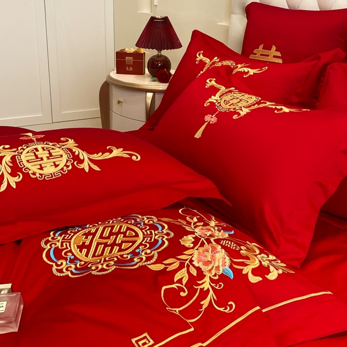 91家纺网 家纺一手货源 找家纺 欧乐蒂 2025新款亲肤棉婚庆刺绣四件套-终版 喜事连连