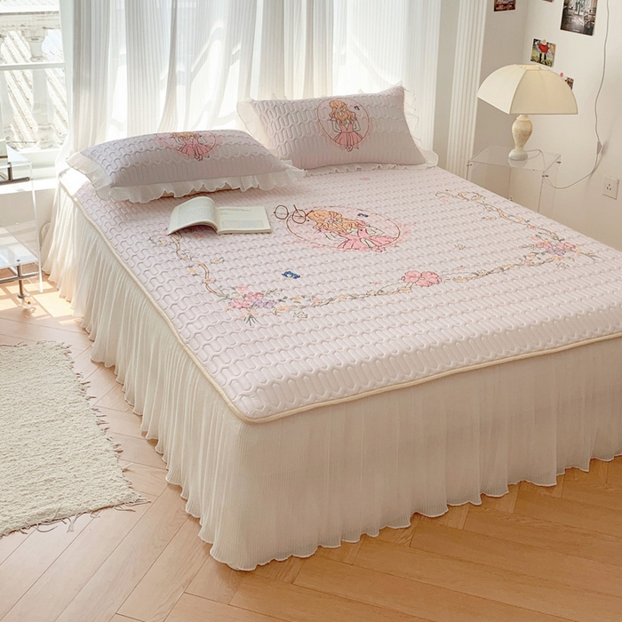 91家纺网 家纺一手货源 找家纺 慕澄家纺 2024新款大版印花床裙款乳胶凉席-凉席三件套 女孩