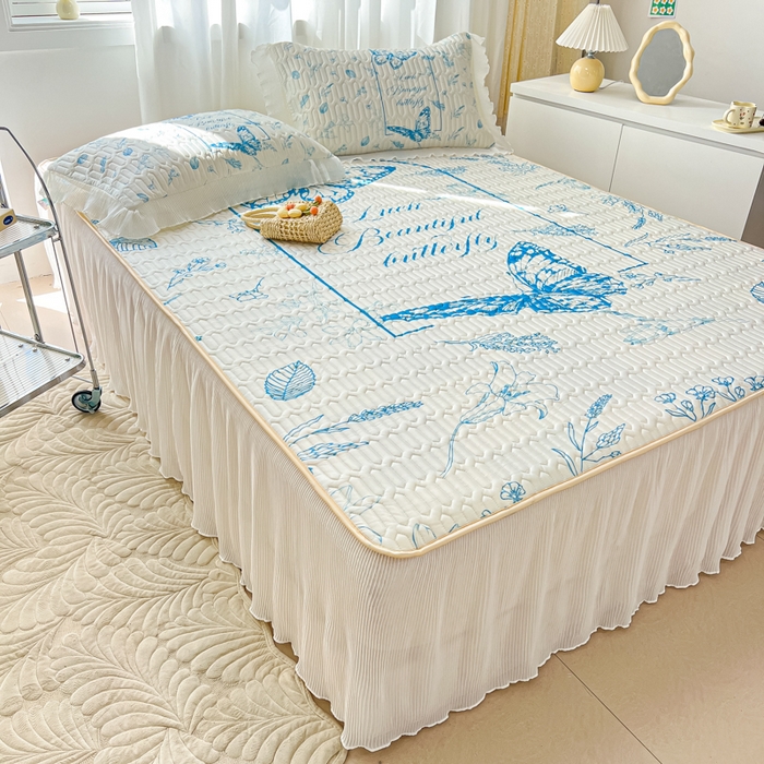 91家纺网 家纺一手货源 找家纺 慕澄家纺 2024新款大版印花床裙款乳胶凉席-凉席三件套 蝴蝶飞飞