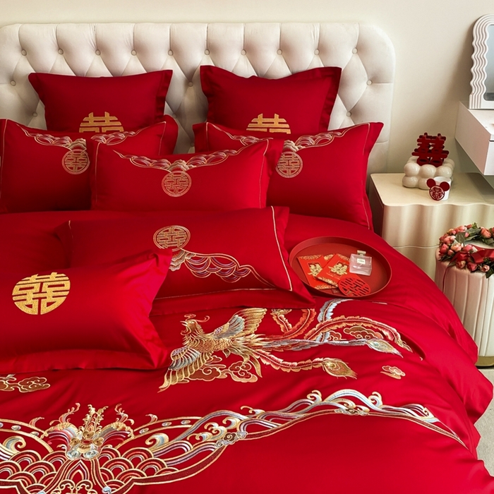 91家纺网 家纺一手货源 找家纺 欧乐蒂 2025新款亲肤棉婚庆刺绣四件套-终版 龙凤祥瑞