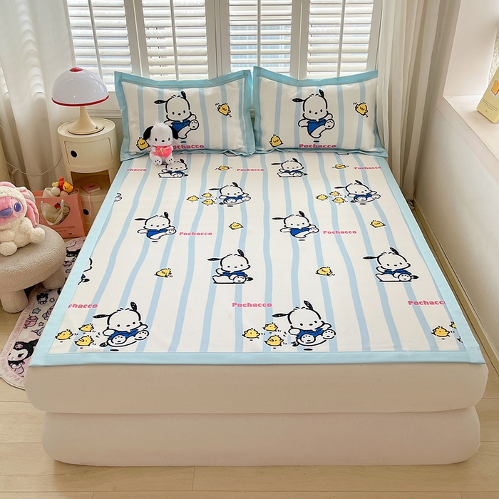 91家纺网 家纺一手货源 找家纺 金爱家 2024新款A类三丽鸥授权数码印花中分子1200D凉感冰丝宽边凉感软席 冰丝席-开心帕恰狗