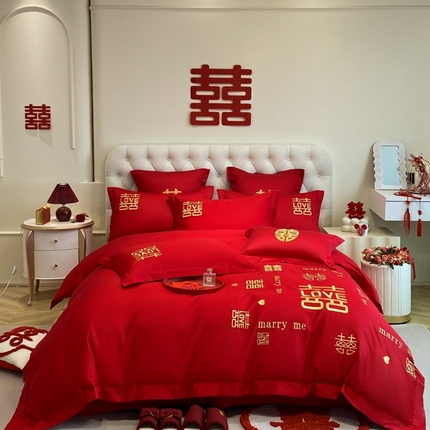 欧乐蒂 2025新款亲肤棉婚庆刺绣四件套-终版 家有喜事-金