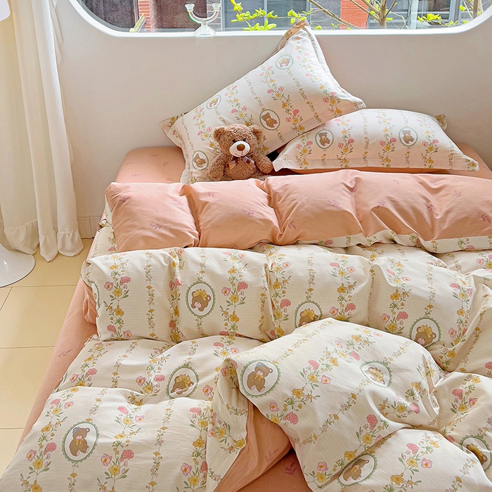 91家纺网 家纺一手货源 找家纺 优选良品 2025新款直播爆款全棉-ins印花系列四件套纯棉三件套床单床笠 菲乐熊宝