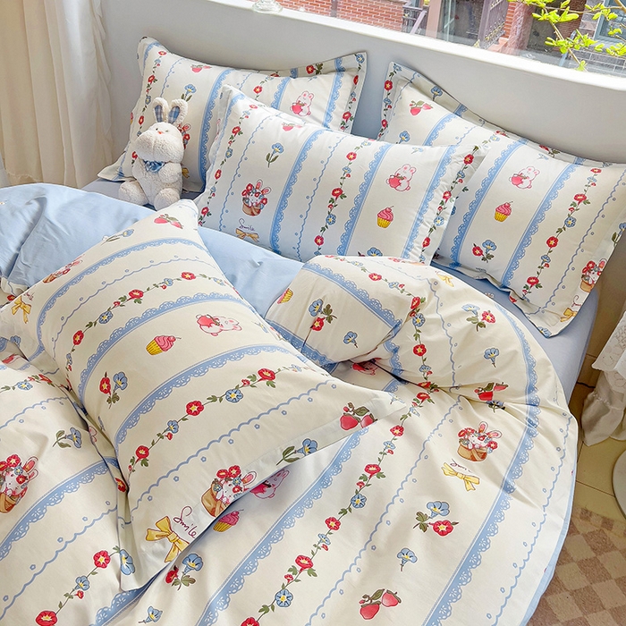 91家纺网 家纺一手货源 找家纺 优选良品 2025新款直播爆款全棉-ins印花系列四件套纯棉三件套床单床笠 花篮小兔