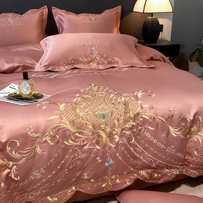 91家纺网 家纺一手货源 找家纺 欧乐蒂 2025新款欧式水洗贡缎全棉刺绣四件套-欧雅终版 玉色