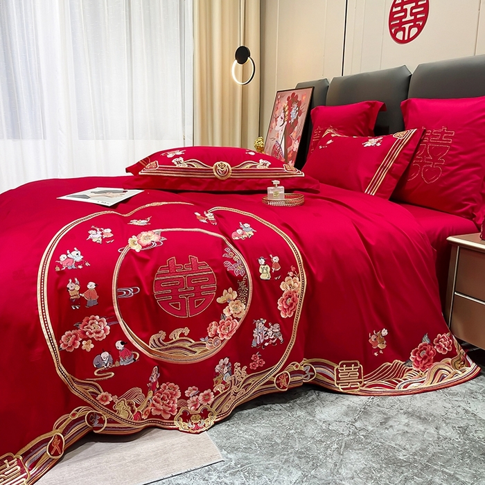 91家纺网 家纺一手货源 找家纺 卓缦家纺 2024新款全棉刺绣提花四件套 百子呈祥