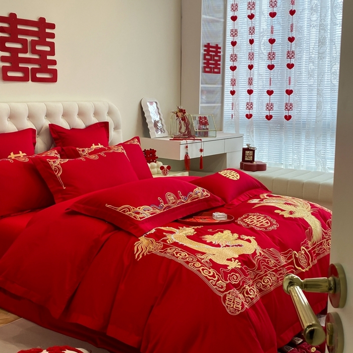 91家纺网 家纺一手货源 找家纺 欧乐蒂 2025新款亲肤棉婚庆刺绣四件套-终版 龙腾凤跃