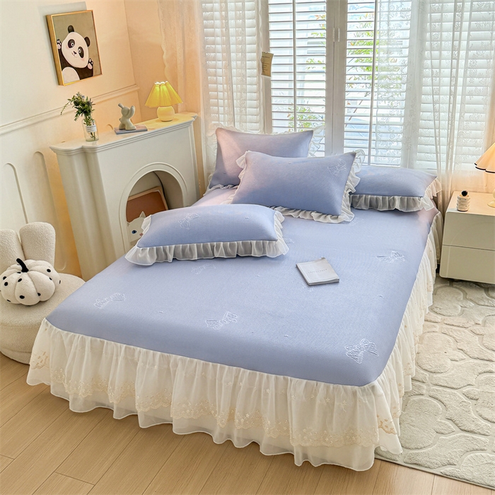 91家纺网 家纺一手货源 找家纺 启程家纺 2024新款A类凉豆豆床裙款凉席三件套 蝴蝶结-紫