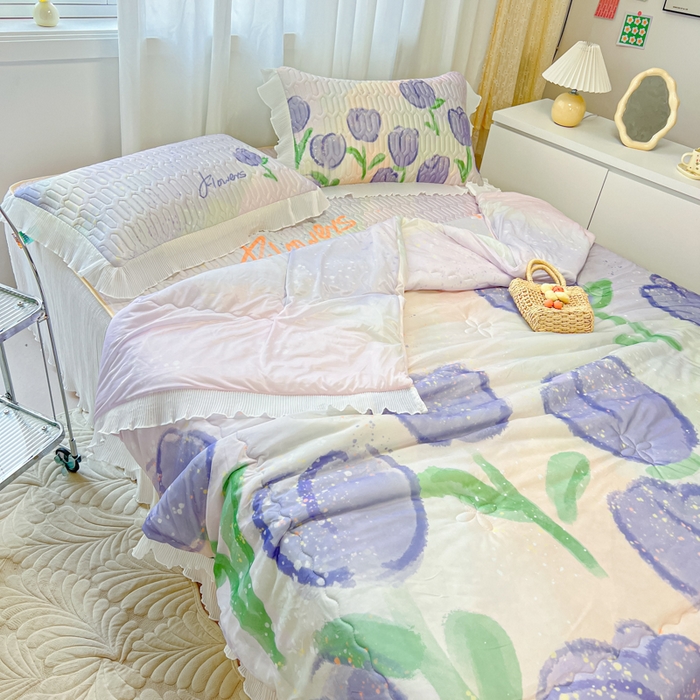 91家纺网 家纺一手货源 找家纺 慕澄家纺 2024新款大版印花乳胶凉席套件-夏被凉席四件套 紫色郁金香