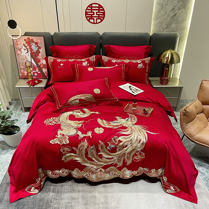 91家纺网 家纺一手货源 找家纺 卓缦家纺 2024新款全棉刺绣提花四件套 龙凤喜呈