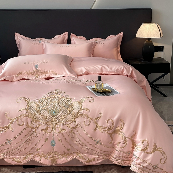 91家纺网 家纺一手货源 找家纺 欧乐蒂 2025新款欧式水洗贡缎全棉刺绣四件套-欧雅终版 粉色