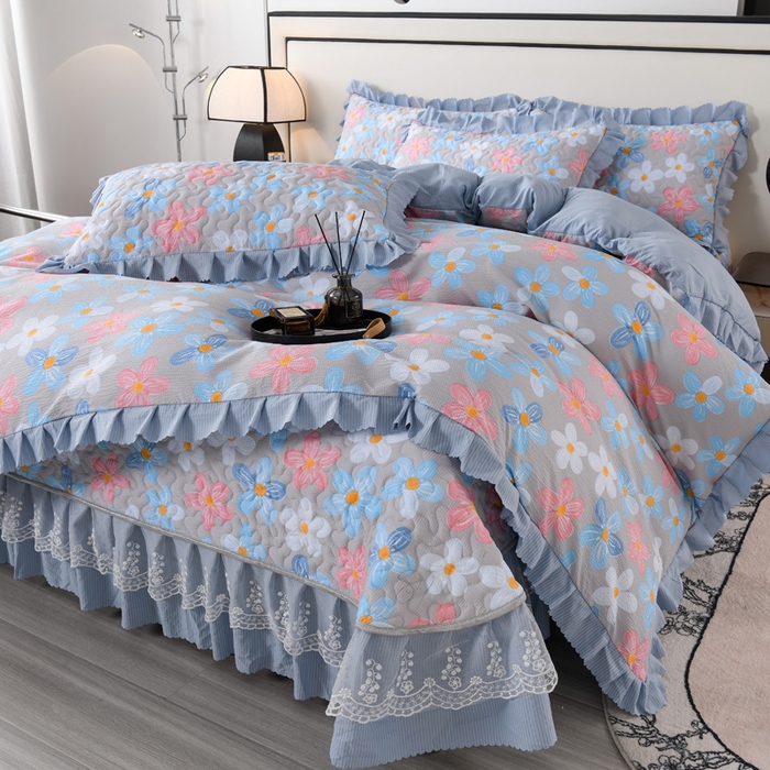 91家纺网 家纺一手货源 找家纺 艾裙海 2025新款云感双层纱床盖四件套 美丽花园