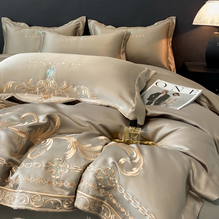 91家纺网 家纺一手货源 找家纺 欧乐蒂 2025新款欧式水洗贡缎全棉刺绣四件套-欧雅终版 高级灰