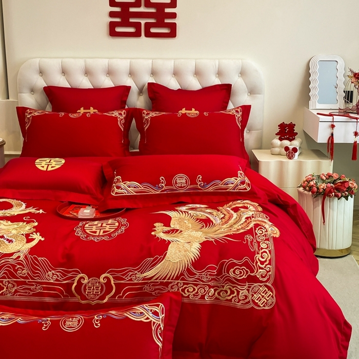 91家纺网 家纺一手货源 找家纺 欧乐蒂 2025新款亲肤棉婚庆刺绣四件套-终版 龙腾凤跃