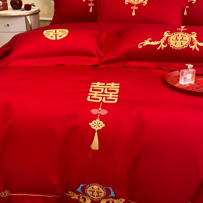 91家纺网 家纺一手货源 找家纺 欧乐蒂 2025新款亲肤棉婚庆刺绣四件套-终版 喜事连连