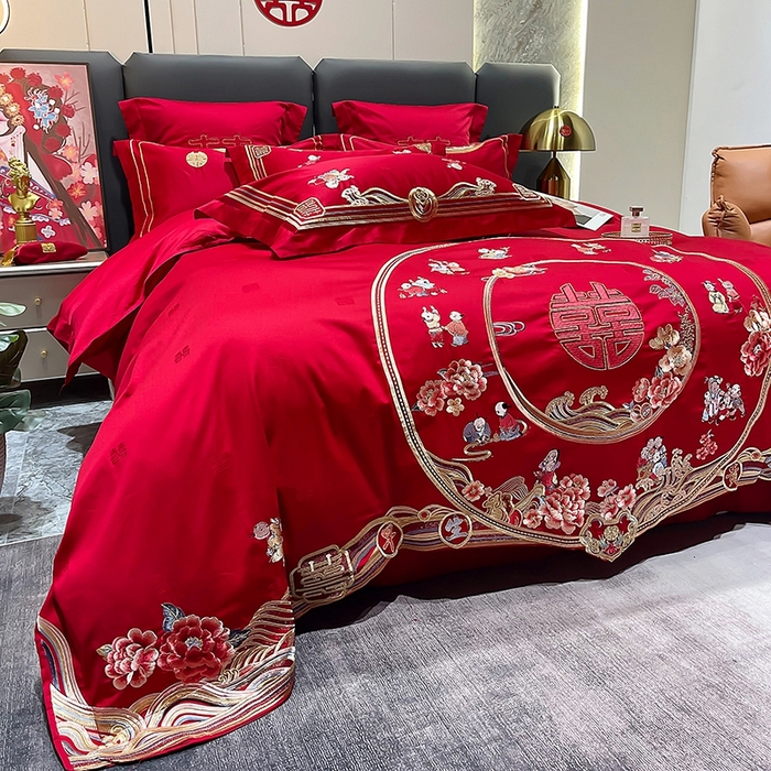 91家纺网 家纺一手货源 找家纺 卓缦家纺 2024新款全棉刺绣提花四件套 百子呈祥