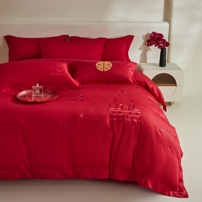 91家纺网 家纺一手货源 找家纺 欧乐蒂 2025新款亲肤棉婚庆刺绣四件套-家有喜事 家有喜事-红