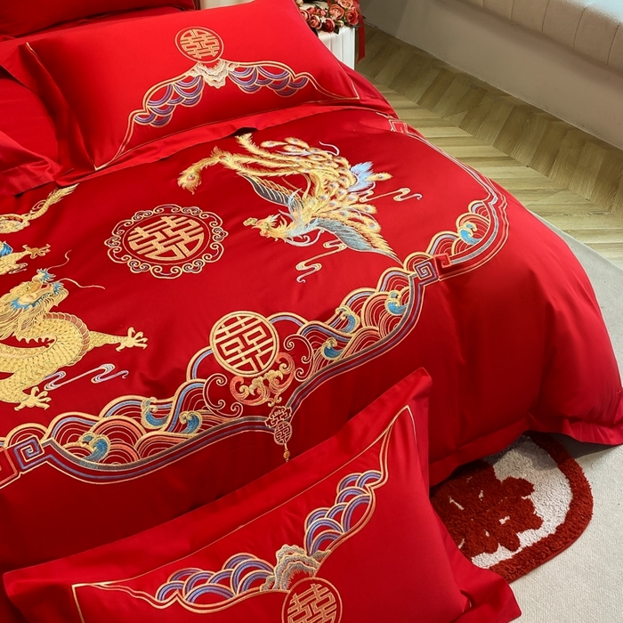 91家纺网 家纺一手货源 找家纺 欧乐蒂 2025新款亲肤棉婚庆刺绣四件套-终版 龙凤瑞彩