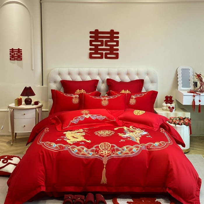 91家纺网 家纺一手货源 找家纺 欧乐蒂 2025新款亲肤棉婚庆刺绣四件套-终版 龙凤瑞彩