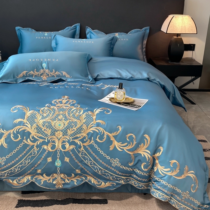91家纺网 家纺一手货源 找家纺 欧乐蒂 2025新款欧式水洗贡缎全棉刺绣四件套-欧雅终版 宾利蓝