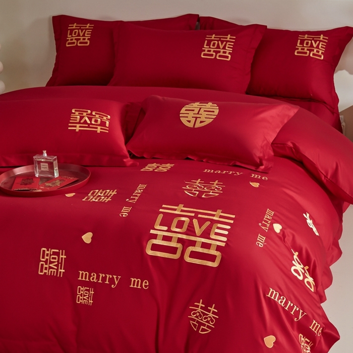 91家纺网 家纺一手货源 找家纺 （总）欧乐蒂 2025新款亲肤棉婚庆刺绣四件套-家有喜事